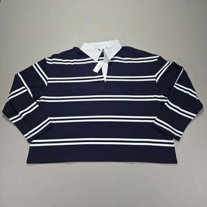 Reitmans Navy White‎ Striped Rugby Shirt Long Sleeve Collared Cotton XL